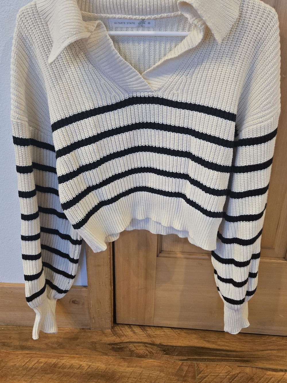 Altar'd State Cream and Black Striped Collared V‑Neck Sweater